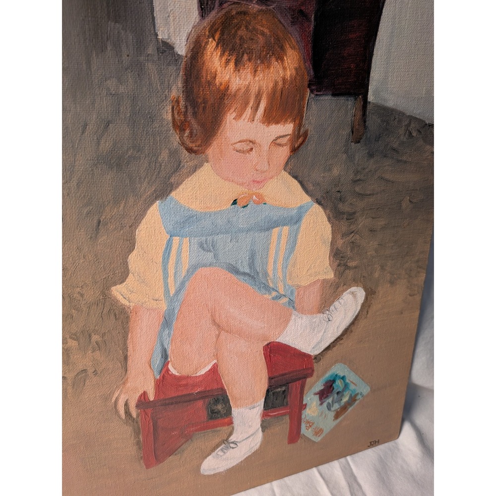Vintage Oil Painting Young Girl on Stool Signed JJH Marshall Field 10x14 Canvas
